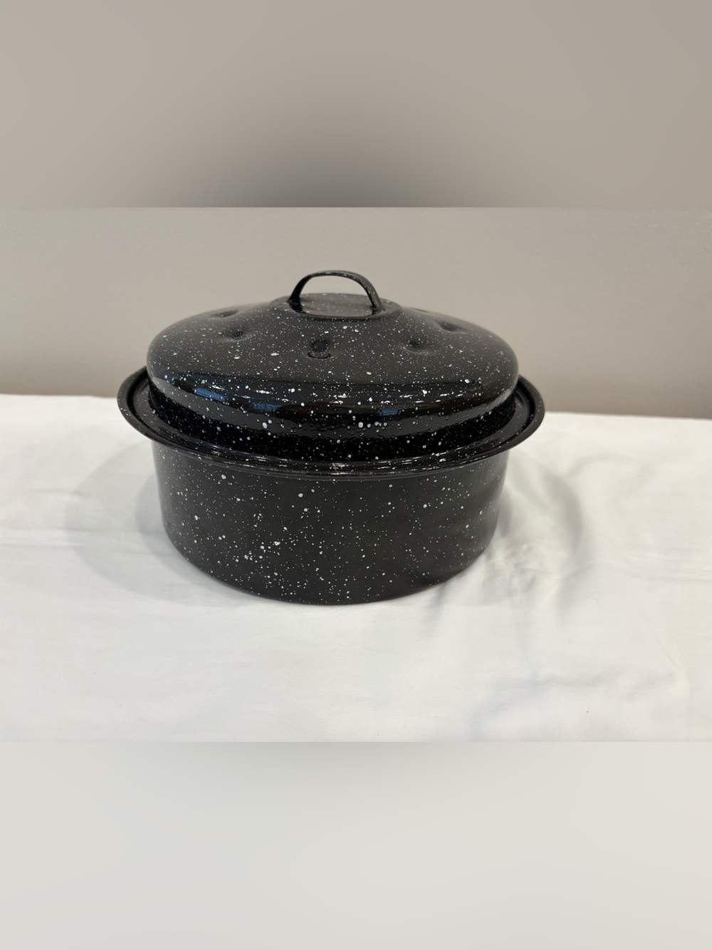 VTG Black Granite Enamelware Round Roasting Pan W/Lid Speckled 9 3/4” Nice!